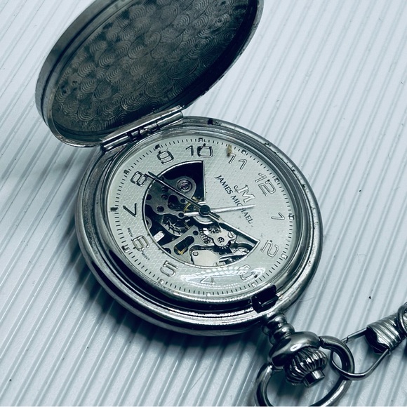 Vintage James Michael Silver Art Deco Pocket Watch with Chain - Picture 2 of 10